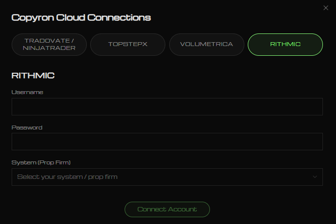 Copyron accounts page: connected leader and follower accounts